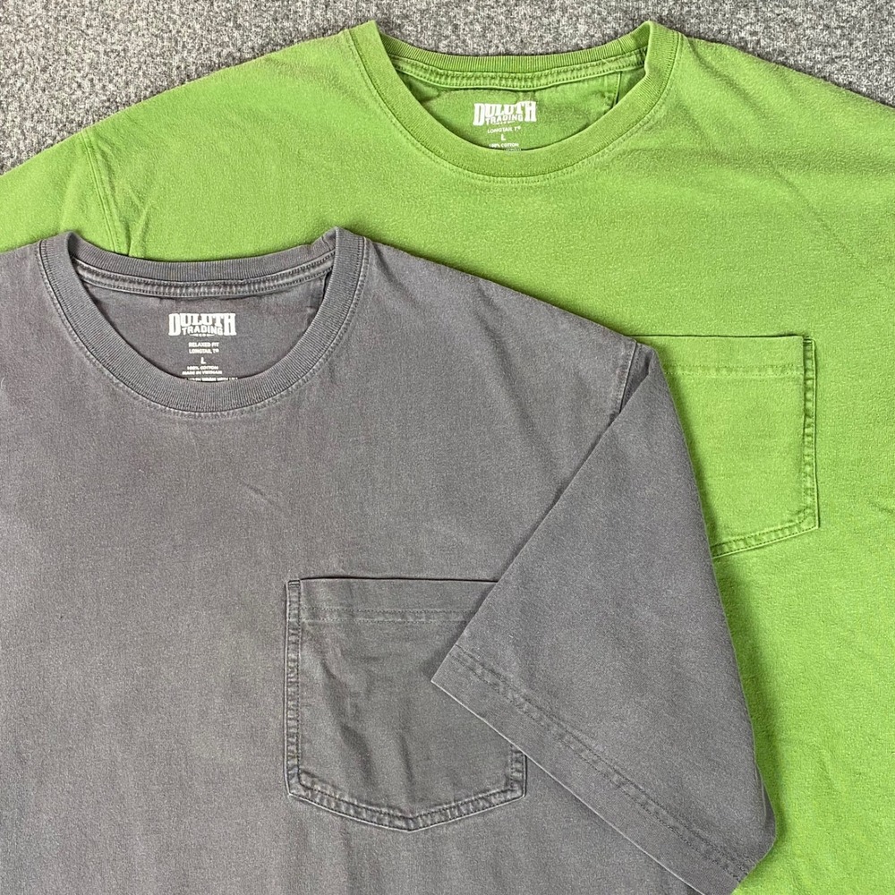 Duluth Trading Mens T-Shirt Lot 2 L Green Gray Relaxed Fit Longtail T Pocket Tee